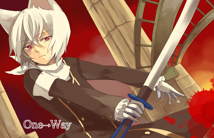 loo, original, gender request, androgynous, animal ears, blood, blood splatter, cat ears, column, dutch angle, pillar, solo, sword, weapon