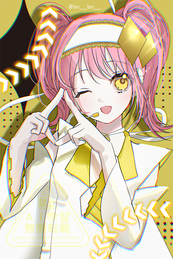 amulet dia, hinamori amu, shugo chara!, commentary request, korean commentary, 1girl, chromatic aberration, diamond (shape), hairband, headset, lan lan, magical girl, one eye closed, open mouth, sidelocks, smile, solo, twintails, twitter username, upper body, yellow eyes