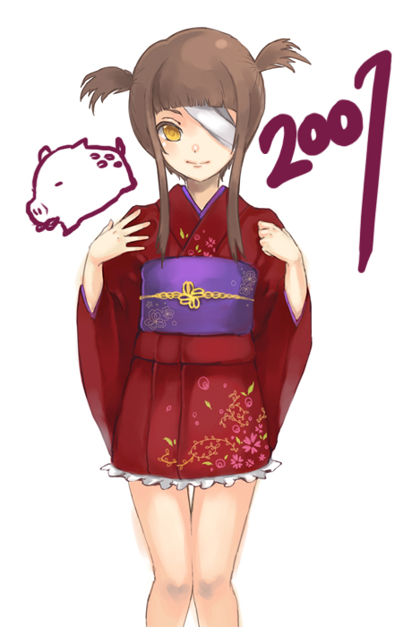 loo, original, 00s, 1girl, 2007, bandages, female focus, japanese clothes, kimono, new year, short kimono, simple background, solo, thigh gap, white background, yukata
