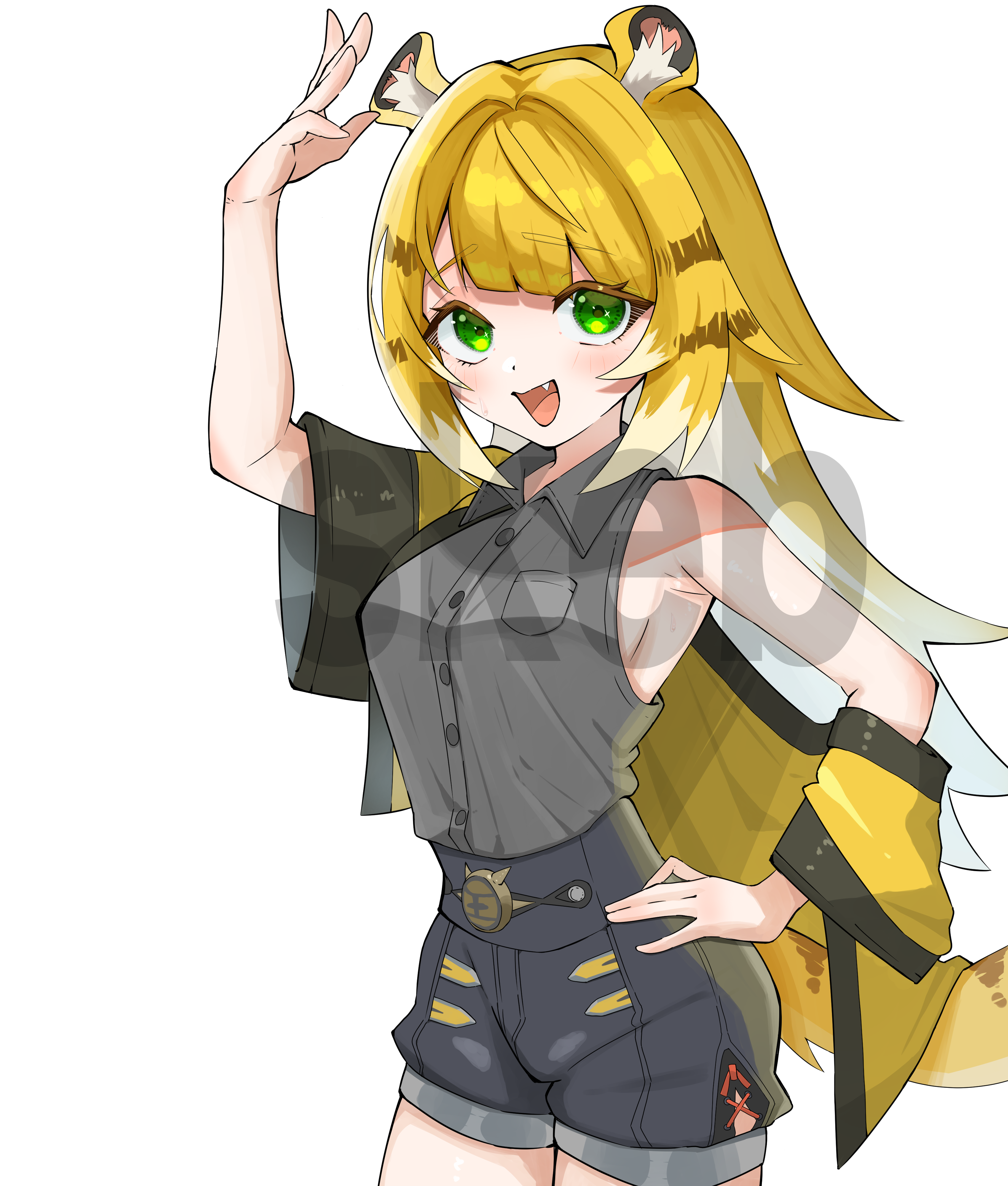 ju fufu, zenless zone zero, absurdres, highres, 1girl, animal ear fluff, animal ears, blonde hair, colored inner hair, green eyes, long hair, looking at viewer, multicolored hair, open mouth, rikimarusama0, shirt, solo, sweat, tail, tiger ears, tiger girl, tiger tail, white hair
