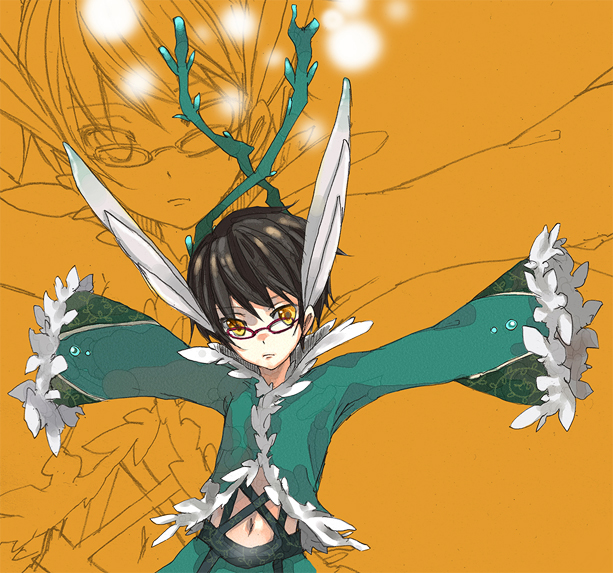 loo, original, 1girl, androgynous, black-framed eyewear, black hair, brown eyes, female focus, frilled sleeves, frills, glasses, long sleeves, looking at viewer, midriff, navel, outstretched arms, short hair, solo, stomach, zoom layer