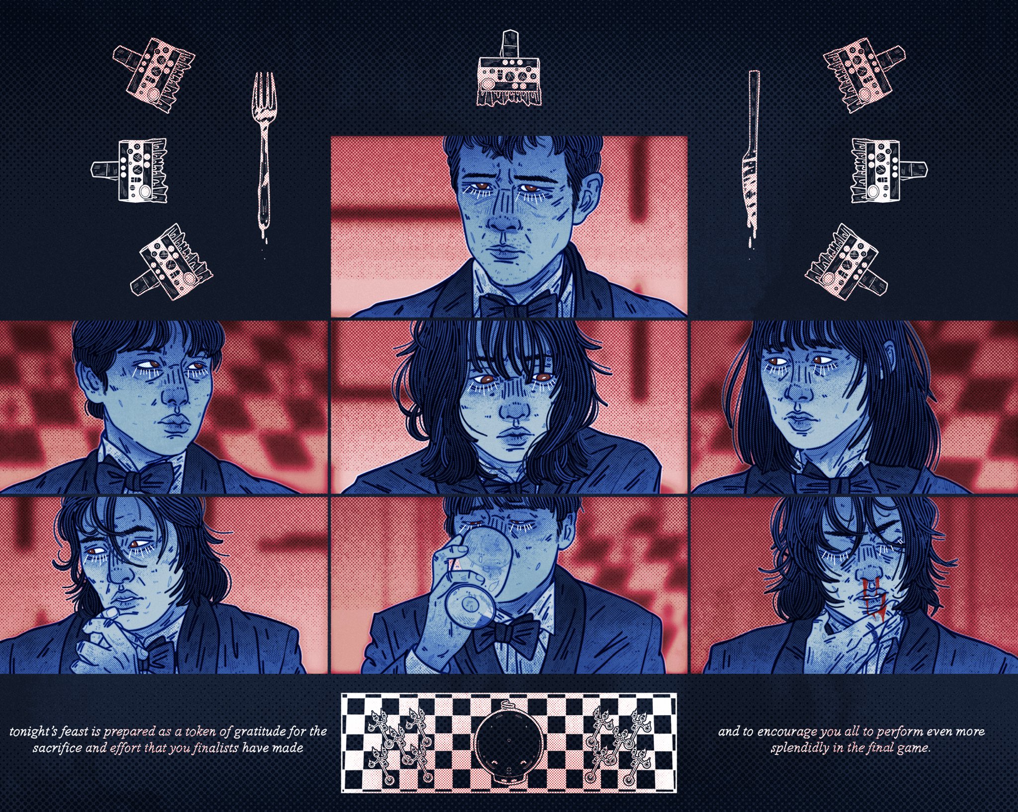 cho hyun-ju, kang dae-ho, kim jun-hee, lee myung-gi, seong gi-hun, squid game, highres, 1other, 3boys, 3girls, black coat, black hair, black suit, black vest, blue shirt, bow, bowtie, broken bottle, checkered floor, chessboard, closed eyes, coat, collage, collared shirt, cup, drinking, drinking glass, english text, fork, formal clothes, hair between eyes, holding, holding cup, irlplasticlamb, knife, limited palette, long hair, looking at another, messy hair, multiple boys, multiple girls, nam-gyu, nervous, park min-su, portrait, red eyes, shirt, short hair, suit, vest, wine glass