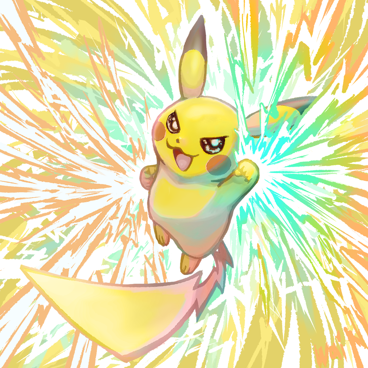 wai152, pikachu, nintendo, pokemon, highres, :3, clenched hands, electricity, full body, gen 1 pokemon, no humans, open mouth, pokemon (creature), pokemon focus, pokemon move, smile, solo, thunder punch (pokemon), v-shaped eyes