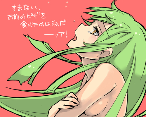 loo, c.c., code geass, lowres, 00s, 1girl, completely nude, female focus, green hair, long hair, nude, profile, red background, simple background, solo, tears, upper body