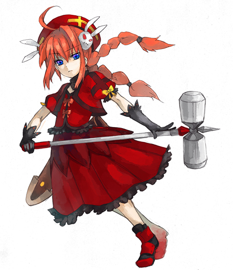 loo, graf eisen, vita (nanoha), lyrical nanoha, mahou shoujo lyrical nanoha, mahou shoujo lyrical nanoha a's, 00s, 1girl, blue eyes, braid, female focus, gloves, hammer, hat, magical girl, red hair, solo, twin braids
