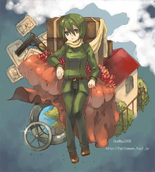 loo, kino (kino no tabi), kino no tabi, 00s, 1girl, 2006, androgynous, brown shoes, female focus, green eyes, green hair, gun, hair between eyes, looking at viewer, matching hair/eyes, reverse trap, shoes, short hair, smoke, solo, watermark, weapon, web address