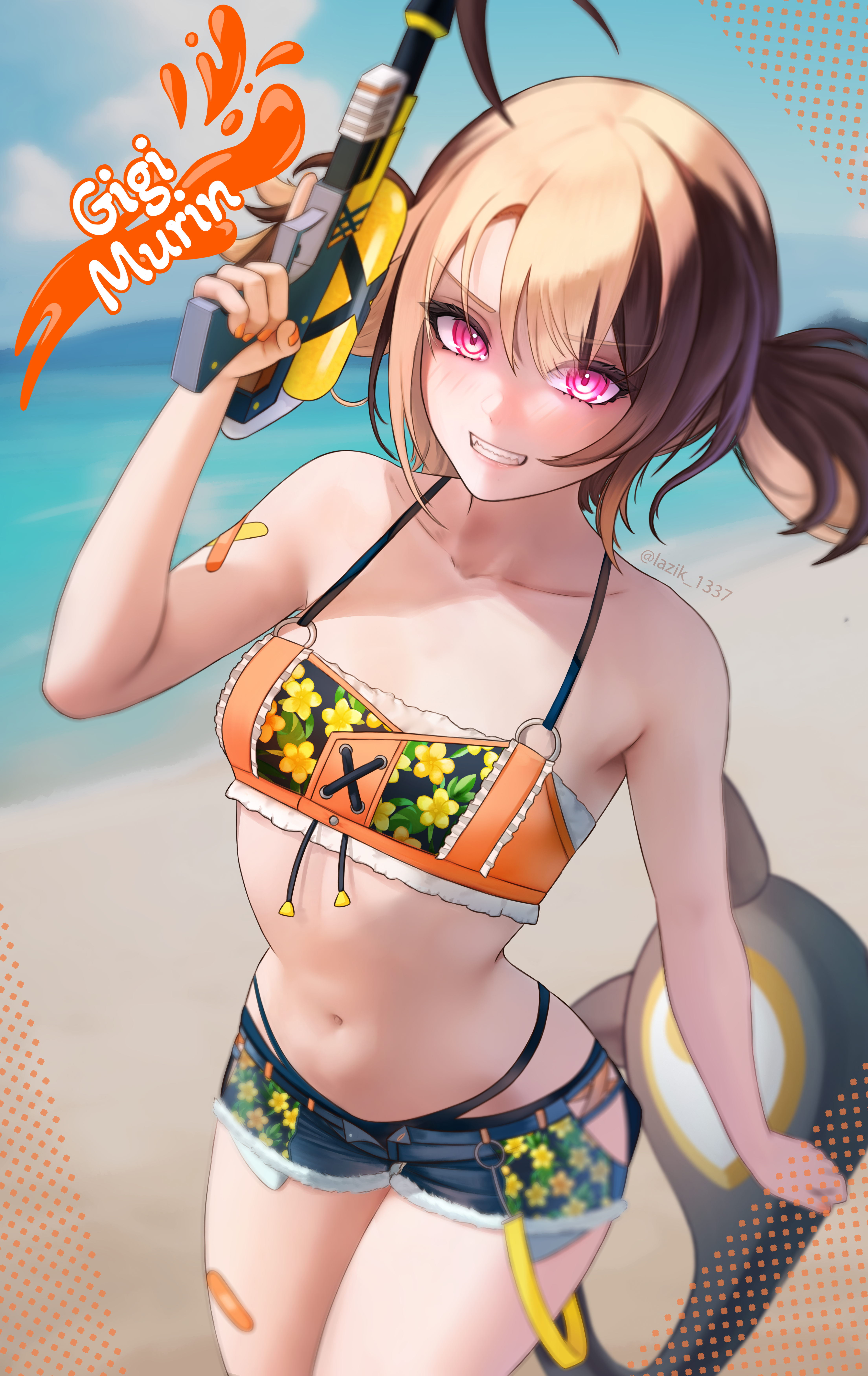 lazik 1337, gigi murin, gigi murin (holonatsu paradise), hololive, hololive english, absurdres, commentary, english commentary, highres, 1girl, ahoge, beach, bikini, bikini under shorts, black bikini, blonde hair, blue shorts, blue sky, blurry, blurry background, brown hair, character name, clothing cutout, cloud, day, denim, denim shorts, hand up, highleg, highleg bikini, hip vent, holding, holding water gun, looking at viewer, multi-strapped bikini bottom, multicolored hair, navel, official alternate costume, open fly, orange bikini, outdoors, pink eyes, short hair, short shorts, short twintails, shorts, sky, solo, stomach, swimsuit, tail, trigger discipline, twintails, two-tone hair, virtual youtuber, water gun