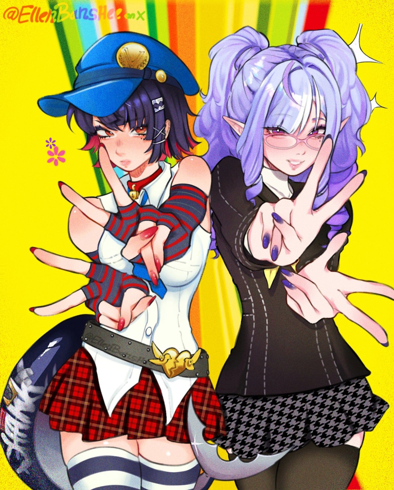 ellen joe, kujikawa rise, marie (persona 4), vivian banshee, persona, persona 4, persona 4 the golden, zenless zone zero, commentary, english commentary, highres, 2girls, belt, black gloves, black hair, black jacket, black skirt, black thighhighs, blue hat, choker, closed mouth, colored inner hair, cosplay, cowboy shot, double v, drill hair, elbow gloves, ellenbanshee, fingerless gloves, fins, fish tail, glasses, gloves, grey skirt, hair intakes, hair ornament, hat, jacket, kujikawa rise (cosplay), looking at viewer, marie (persona 4) (cosplay), mole, mole under eye, multicolored eyes, multicolored hair, multiple girls, neckerchief, parted bangs, pink-framed eyewear, pink eyes, pink hair, pink lips, plaid clothes, plaid skirt, purple eyes, purple hair, purple nails, red choker, red eyes, red gloves, red nails, red skirt, round eyewear, school uniform, shark girl, shark tail, shirt, skirt, sleeveless, sleeveless shirt, smile, striped clothes, striped gloves, striped thighhighs, tail, teeth, thighhighs, twin drills, twintails, twitter username, two-tone eyes, two-tone gloves, two-tone hair, two-tone skirt, two-tone thighhighs, v, vertical-striped clothes, vertical-striped gloves, vertical-striped thighhighs, white shirt, white thighhighs, x hair ornament, yasogami school uniform, yellow background, yellow neckerchief, zettai ryouiki