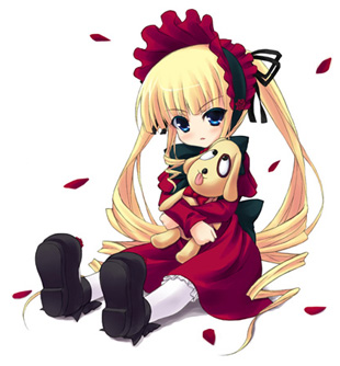 shigemasa, kunkun, shinku, rozen maiden, lowres, 00s, 1girl, animal, blonde hair, blue eyes, blush, bonnet, dog, doll, female focus, frills, full body, holding, long sleeves, looking at viewer, mary janes, pantyhose, petals, rose petals, shoes, simple background, solo, white background, white pantyhose