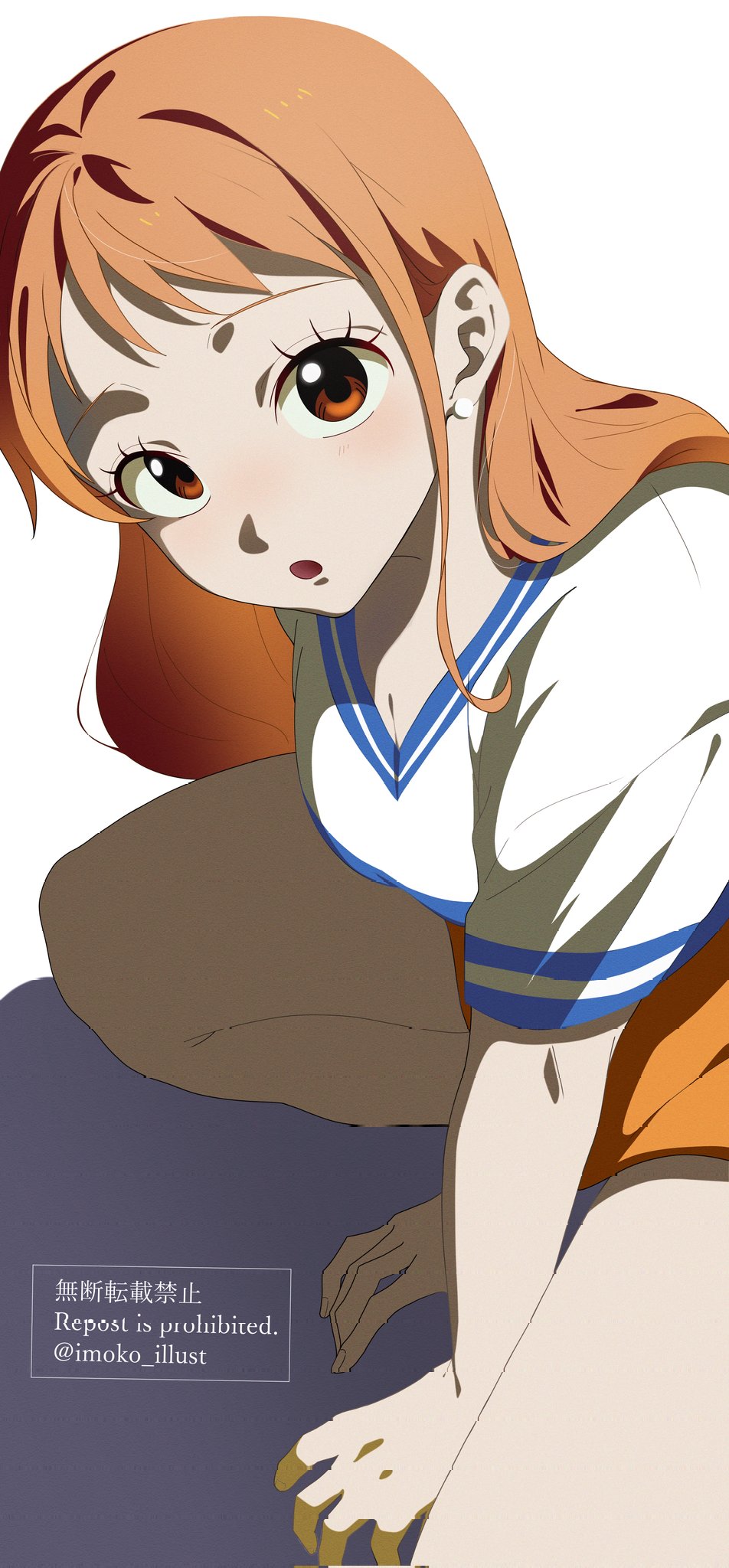imoko (imoko illust), nami (one piece), one piece, commentary request, highres, 1girl, arm support, bare arms, blush, breasts, brown eyes, cleavage, earrings, eyelashes, feet out of frame, hair behind ear, hands on ground, jewelry, long hair, looking at viewer, medium breasts, open mouth, orange hair, pearl earrings, shirt, short sleeves, single sidelock, solo, squatting, thighs, white background, white shirt