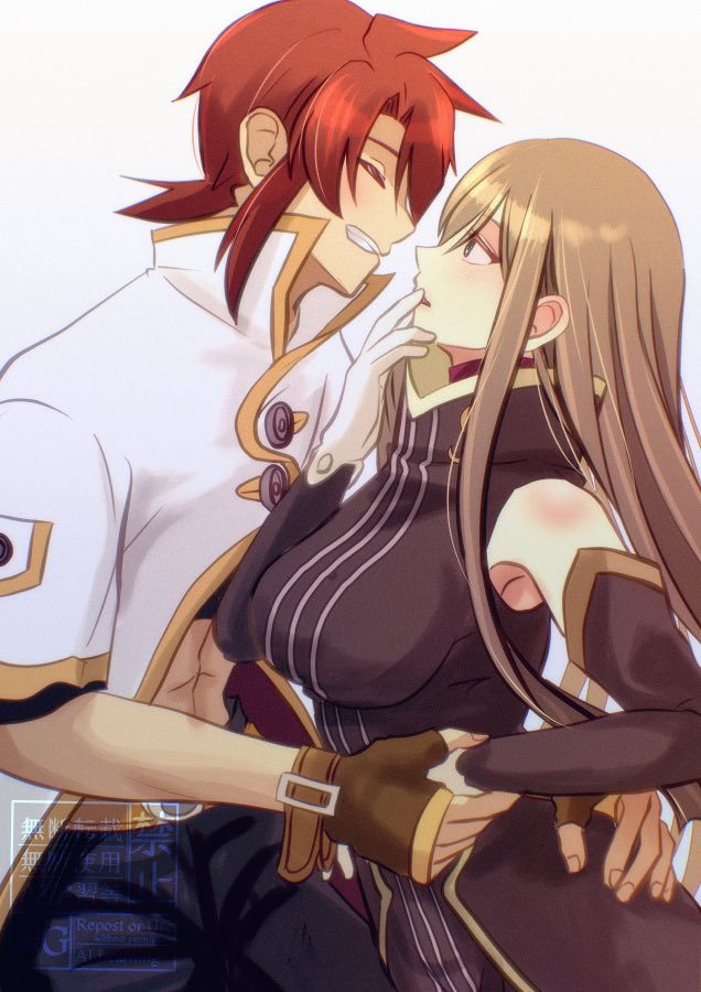 komegura, luke fon fabre, tear grants, tales of (series), tales of the abyss, 1boy, 1girl, abs, armpit peek, belt, black pants, blue eyes, breasts, brown dress, brown gloves, brown hair, brown sleeves, closed eyes, detached sleeves, dress, facing another, from side, gloves, grin, hand on another's hip, hand to own mouth, high collar, holding hands, jacket, large breasts, long hair, looking at another, pants, popped collar, profile, red hair, short hair, sidelocks, sleeveless, sleeveless dress, smile, upper body, white gloves, white jacket