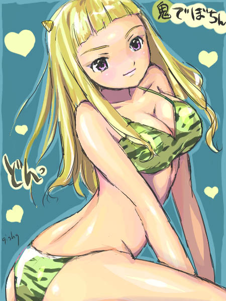 aisha callaaisha, haruka armitage, suzushiro haruka, my-hime, my-otome, oni horns, 00s, 1girl, aqua background, artist name, bikini, blonde hair, camouflage, camouflage bikini, eyeshadow, female focus, heart, horns, long hair, makeup, purple eyes, solo, swimsuit, v arms