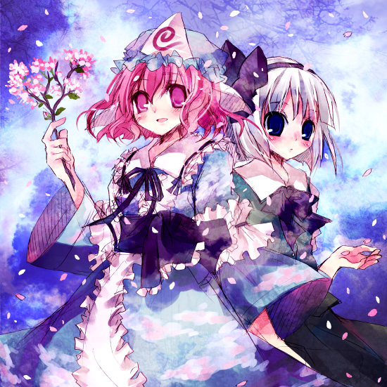 suzushiro kurumi, konpaku youmu, saigyouji yuyuko, touhou, 2girls, cherry blossoms, female focus, flower, gradient background, hat, multiple girls, plant