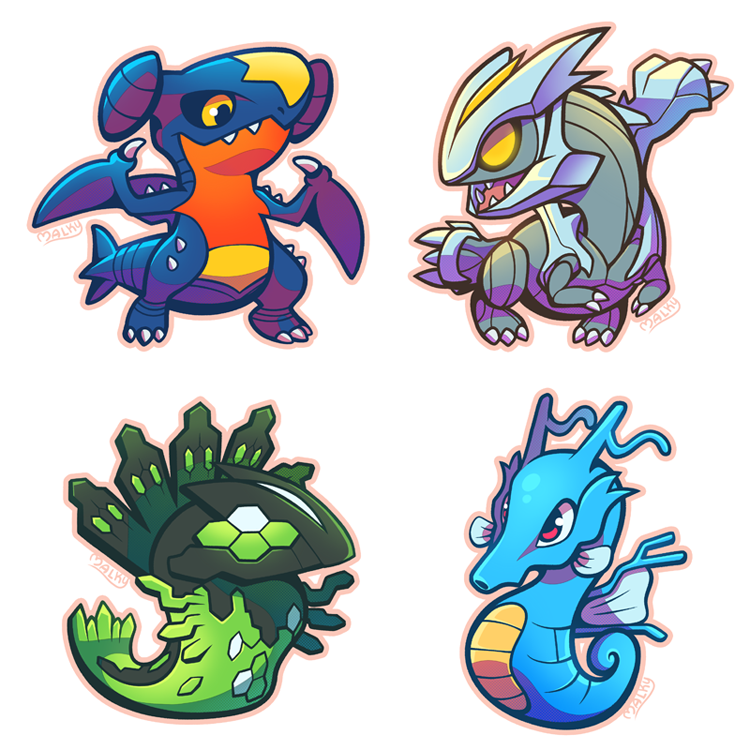 malky (malkshake), garchomp, kingdra, kyurem, zygarde, nintendo, pokemon, commentary request, claws, full body, gen 2 pokemon, gen 4 pokemon, gen 5 pokemon, gen 6 pokemon, legendary pokemon, no humans, pokemon (creature), red eyes, signature, simple background, white background, yellow eyes