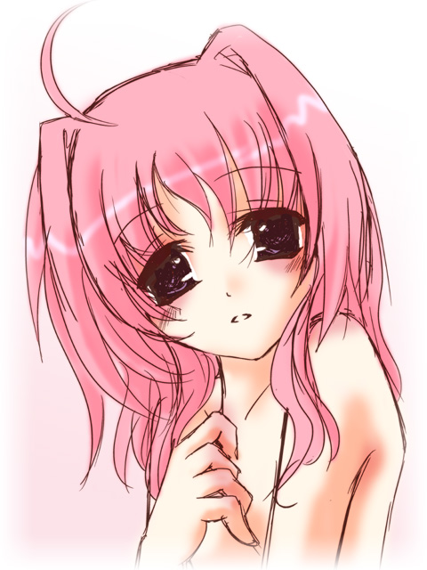 frapowa, caro ru lushe, lyrical nanoha, mahou shoujo lyrical nanoha, mahou shoujo lyrical nanoha strikers, eyebrows, 00s, 1girl, :o, ahoge, blush, collarbone, female focus, hand on own chest, long hair, looking at viewer, parted lips, pink hair, short hair, simple background, solo, white background