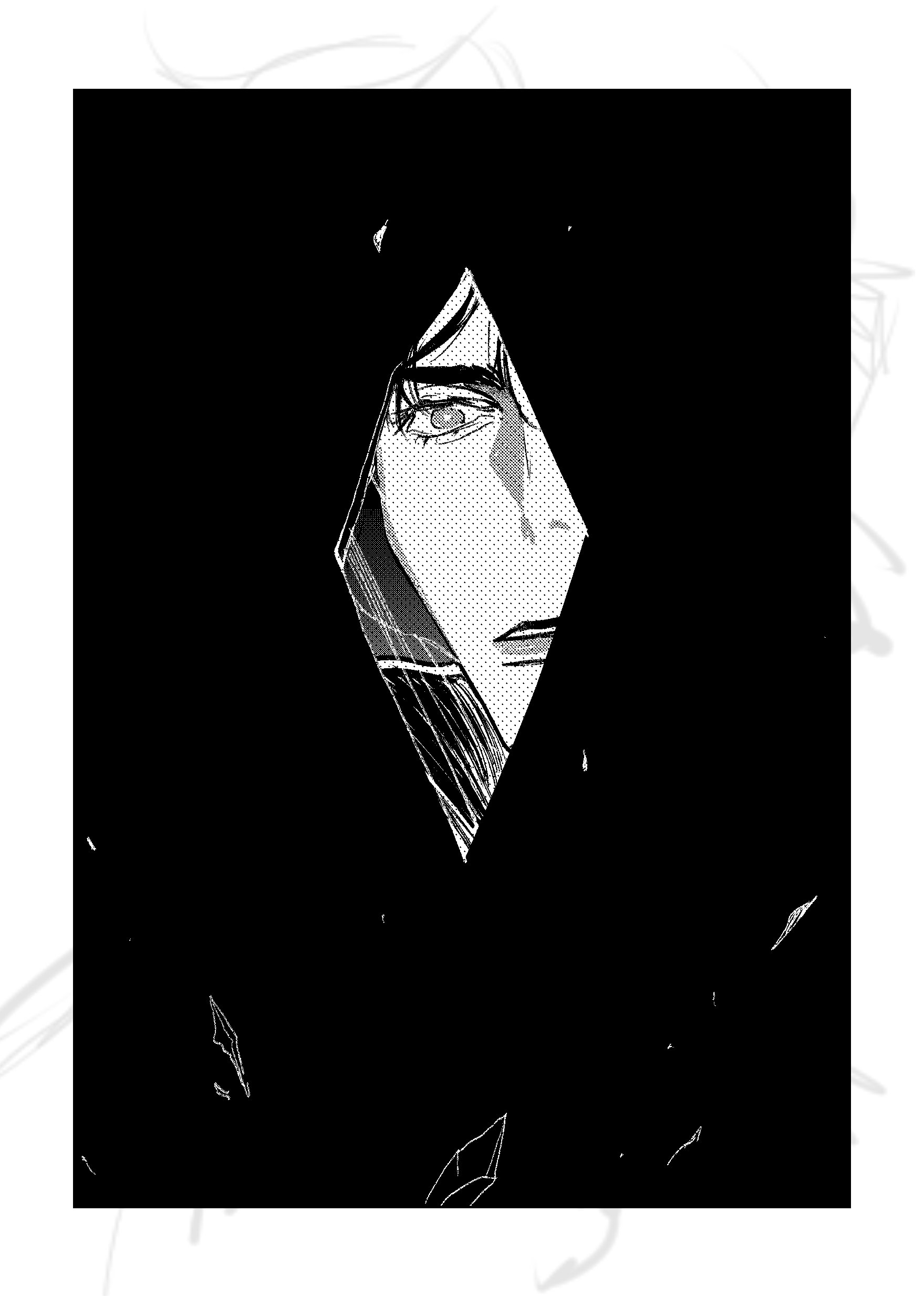 yoo joonghyuk, omniscient reader's viewpoint, absurdres, commentary request, highres, korean commentary, translation request, 1boy, black hair, border, broken glass, eyesoffyou0003, glass, grey eyes, greyscale, korean text, looking at reflection, male focus, monochrome, parted lips, reflection, reflection focus, solo, white border, wide-eyed