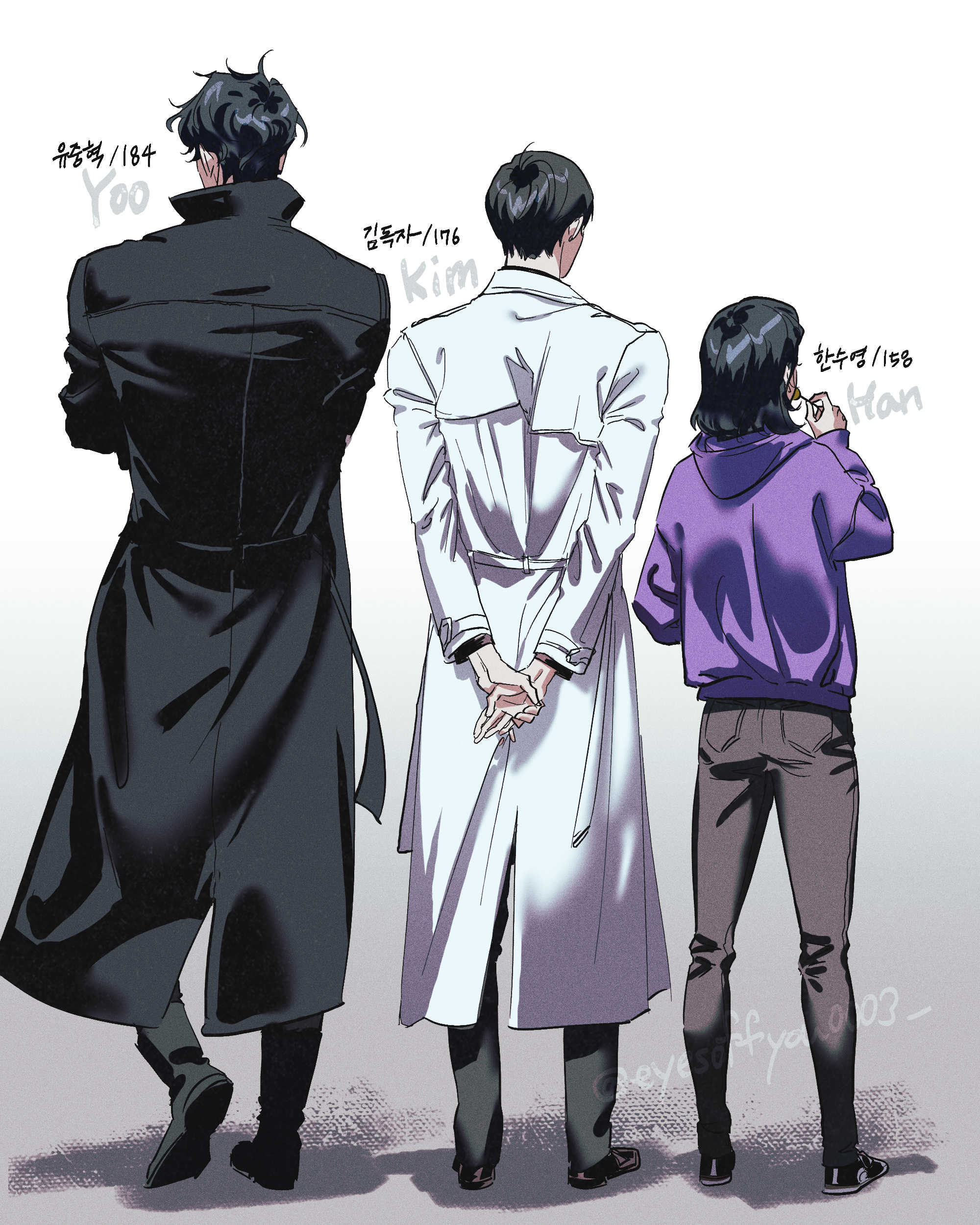 han sooyoung, kim dokja, yoo joonghyuk, omniscient reader's viewpoint, absurdres, highres, 1girl, 2boys, arms behind back, black coat, black hair, bob cut, boots, candy, character name, coat, crossed arms, eyesoffyou0003, food, from behind, full body, height chart, height difference, holding, holding candy, holding food, holding lollipop, holding own hand, hood, hood down, hoodie, korean text, lollipop, multiple boys, popped collar, purple hoodie, short hair, standing, white coat