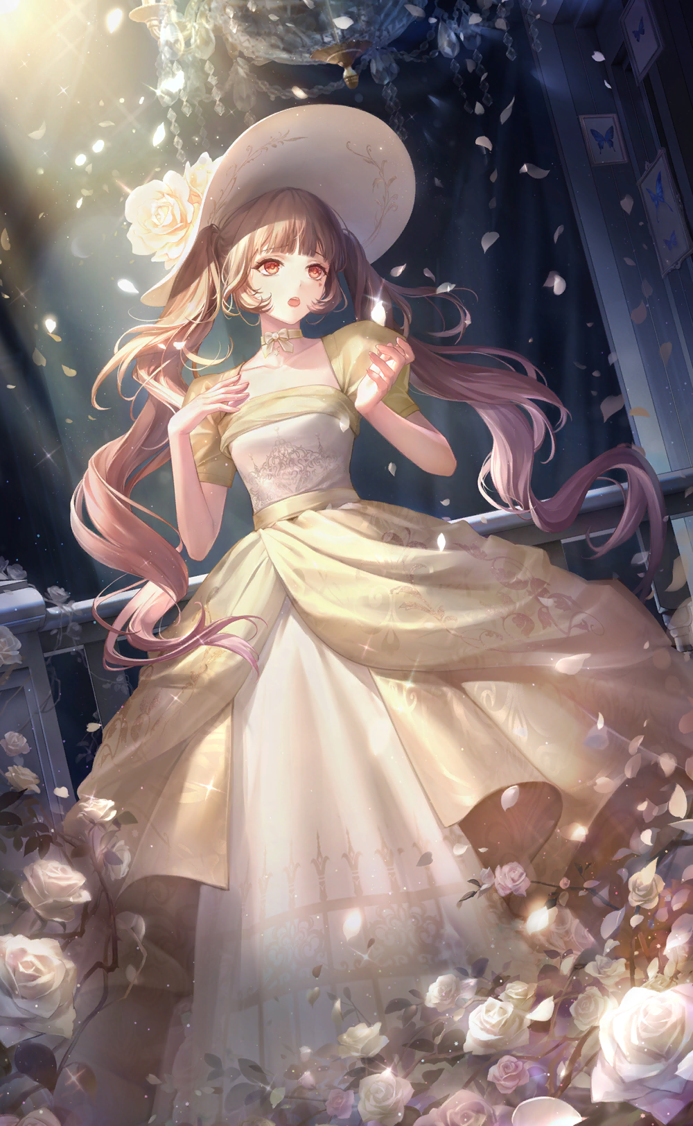dodora, nikki (series), shining nikki, artist request, game cg, highres, official art, 1girl, bare arms, blunt bangs, brown hair, bug, butterfly, chandelier, choker, collarbone, curtains, dark, dress, eyelashes, falling petals, flower, full body, gown, gradient hair, hat, hat flower, indoors, insect, large hat, layered dress, light particles, light rays, long dress, long hair, looking to the side, morning dewsong (shining nikki), multicolored hair, music, official alternate color, painting (object), petals, pink hair, puffy short sleeves, puffy sleeves, red eyes, rose, short sleeves, singing, solo, square neckline, stage lights, standing, sun hat, twintails, two-tone hair, very long hair, wavy hair, white dress, white flower, white hat, white rose, yellow choker, yellow dress