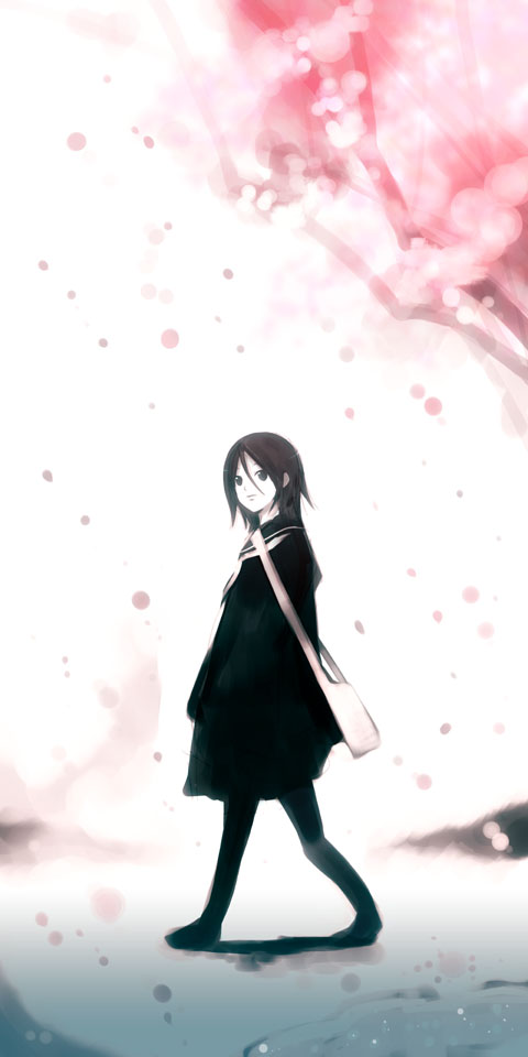 kei (keigarou), original, long image, tall image, 1girl, bag, black dress, black hair, black pantyhose, dress, female focus, full body, handbag, long sleeves, looking at viewer, outdoors, over shoulder, pantyhose, plant, school uniform, serafuku, short hair, simple background, solo, tree, walking, white background