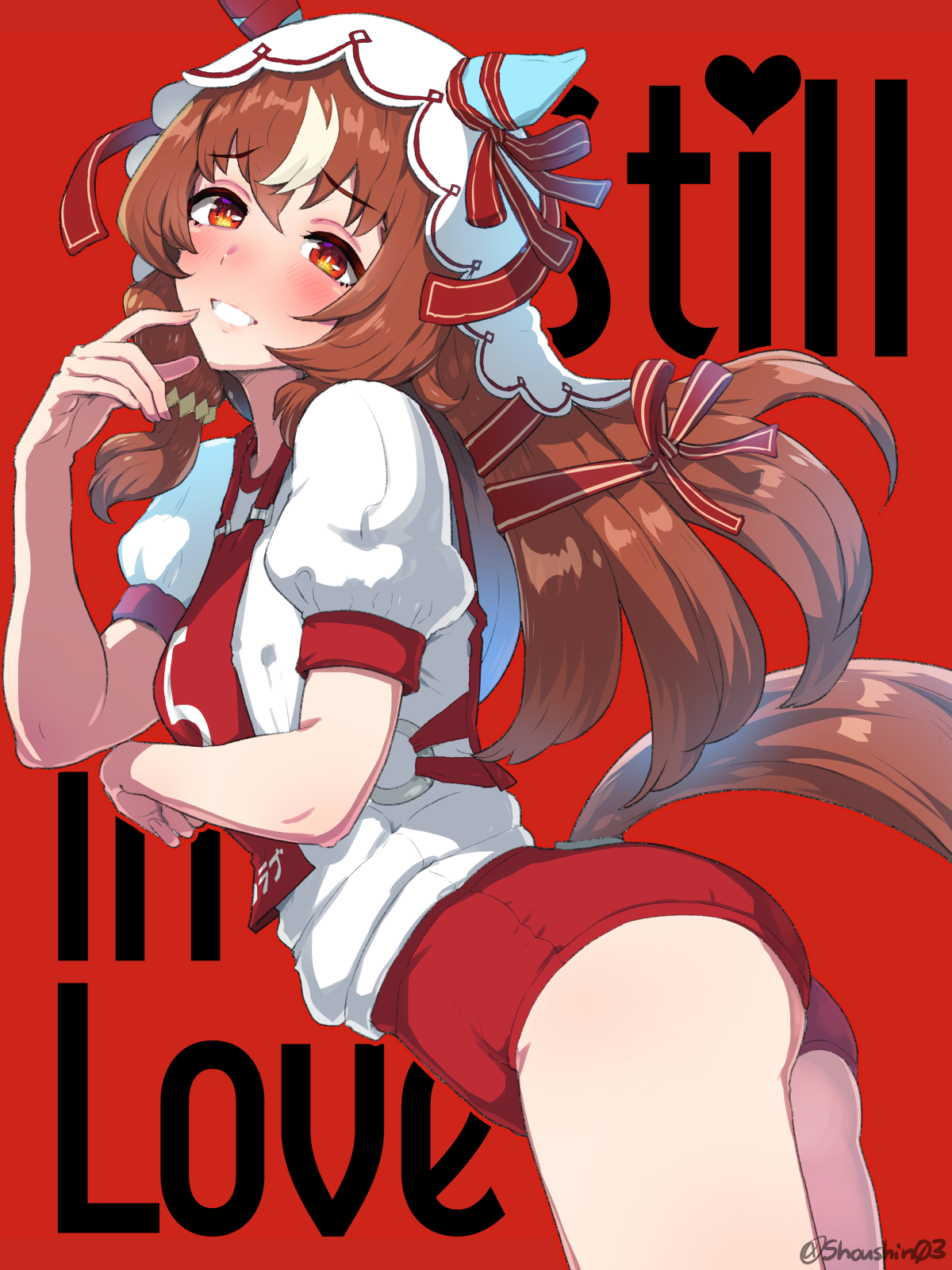 boris (noborhys), still in love (umamusume), umamusume, highres, 1girl, animal ears, blush, brown hair, buruma, finger to mouth, grin, horse ears, horse girl, horse tail, long hair, looking at viewer, red buruma, red eyes, shirt, short sleeves, sidelocks, smile, solo, t-shirt, tail, veil, white shirt, white veil