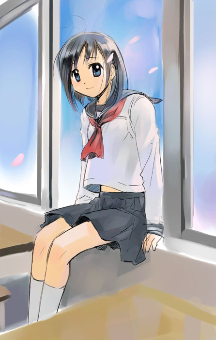 ikeda jun (mizutamari), original, 1girl, ahoge, ascot, black hair, blue eyes, cherry blossoms, classroom, female focus, looking at viewer, school, school uniform, serafuku, skirt, smile, socks, solo, white socks