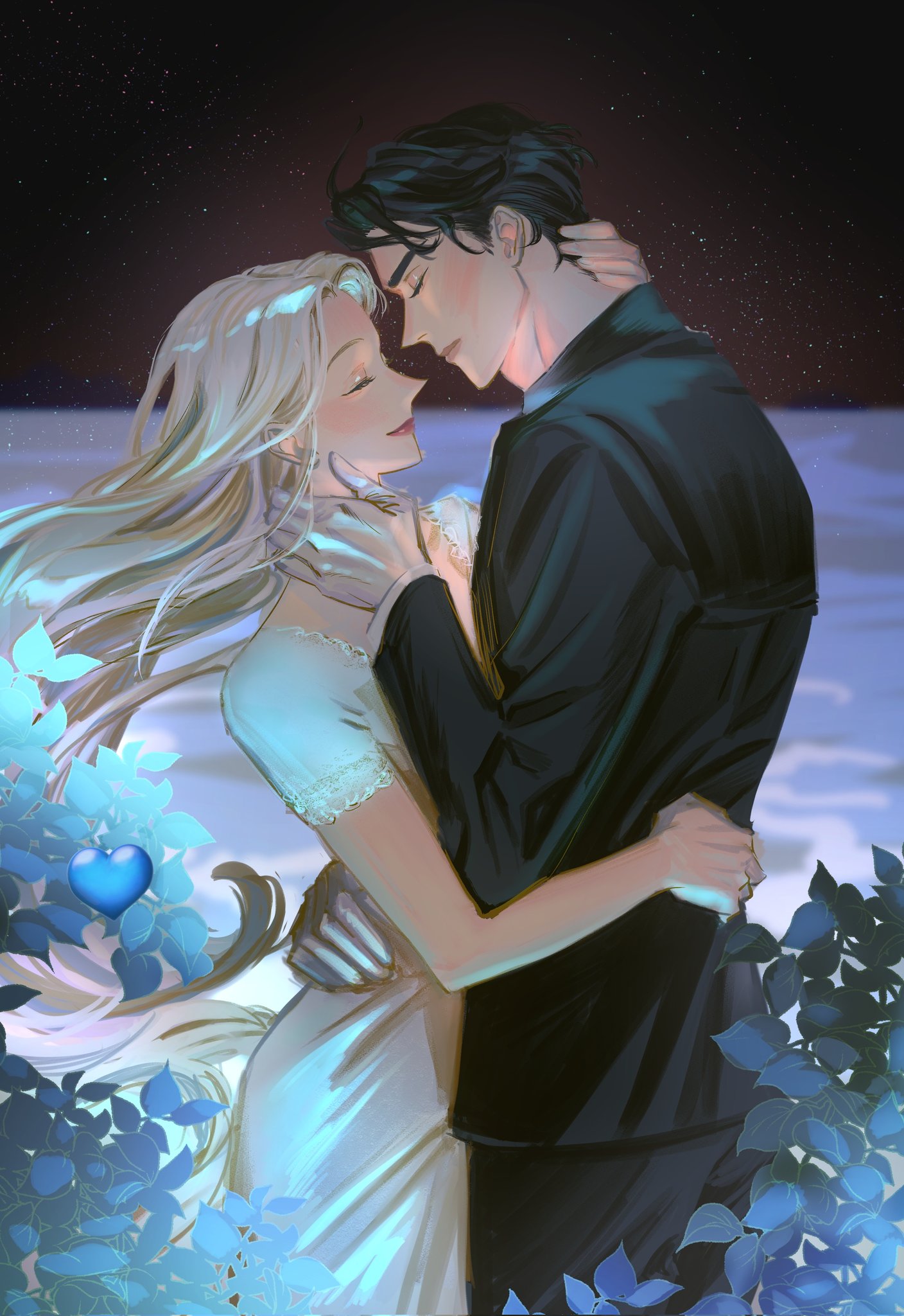 lee seolhwa, yoo joonghyuk, omniscient reader's viewpoint, highres, 1boy, 1girl, arm behind back, black hair, black suit, closed eyes, curtained hair, dress, eyesoffyou0003, formal clothes, gloves, hand on another's neck, heart, hetero, horizon, hug, long hair, short hair, sky, smile, space, star (sky), starry sky, suit, very long hair, wedding, white dress, white gloves, white hair