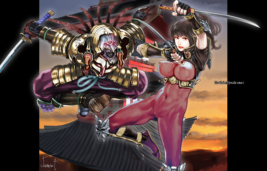 jasmine t, taki (soulcalibur), yoshimitsu (namco), namco, soul calibur, soulcalibur, soulcalibur iii, tekken, 1boy, 1girl, breasts, covered erect nipples, crossover, large breasts, ninja, sword, weapon