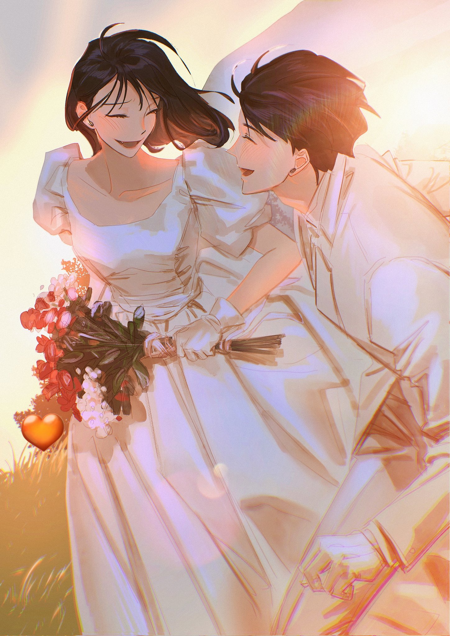 han sooyoung, kim dokja, omniscient reader's viewpoint, highres, 1boy, 1girl, black hair, blush, bob cut, bouquet, cape, closed eyes, dress, eyesoffyou0003, field, flower, formal clothes, gloves, hair slicked back, hetero, holding, holding bouquet, laughing, lens flare, plain, running, short hair, suit, wedding, white dress, white gloves, white suit