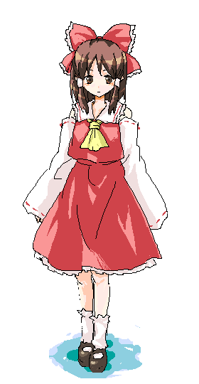 shikai (iesiki 56), hakurei reimu, touhou, 1girl, ascot, bow, brown eyes, brown hair, detached sleeves, female focus, hair tubes, long hair, nontraditional miko, oekaki, ribbon-trimmed sleeves, ribbon trim, shikai, shoes, skirt, socks, solo, standing, wide sleeves