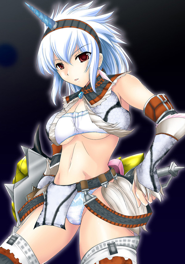 kizuki aruchu, capcom, monster hunter (series), 1girl, :p, bandeau, belt, breasts, cleavage, elbow gloves, female focus, gloves, hairband, horns, kirin (armor), large breasts, midriff, panties, red eyes, single horn, solo, strapless, thighhighs, toned, toned female, tongue, tongue out, tube top, underboob, underwear, white hair