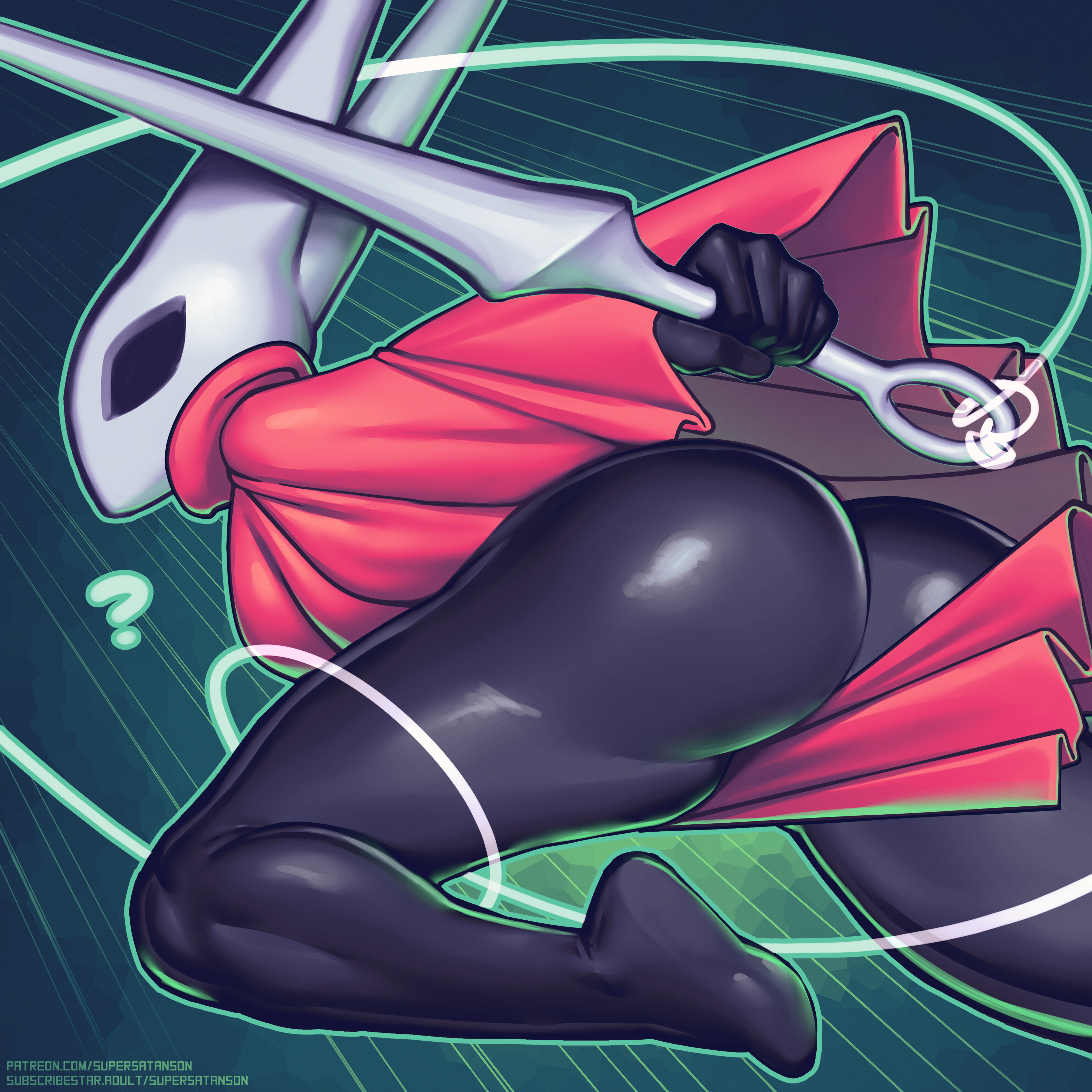 supersatanson, hornet (hollow knight), hollow knight, hollow knight: silksong, 1girl, ass, barefoot, confused, convenient censoring, holding, holding weapon, horns, huge ass, looking at viewer, looking back, monster girl, thick thighs, thighs, weapon