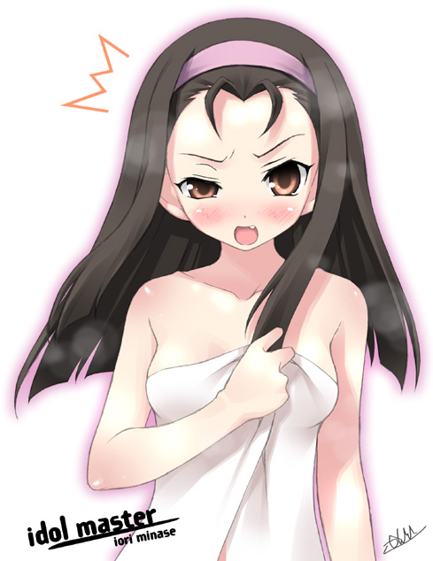 kantoku, minase iori, idolmaster, idolmaster xenoglossia, 00s, 1girl, antenna hair, bare shoulders, blush, breasts, brown eyes, brown hair, cleavage, collarbone, copyright name, female focus, holding, long hair, looking at viewer, naked towel, simple background, solo, towel, upper body, white background