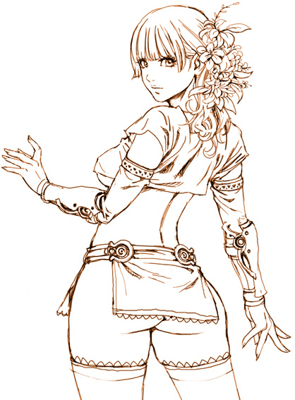 yamashita shun'ya, 1girl, aged up, ass, bottomless, detached sleeves, female focus, flower, monochrome, no panties, solo, thighhighs