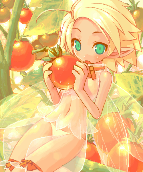 shigatake, 1girl, fairy, female focus, food, fruit, lowleg, lowleg panties, mini person, minigirl, panties, pointy ears, see-through clothes, solo, tomato, underwear, white panties