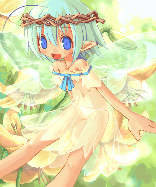 shigatake, 1girl, ahoge, blue eyes, fairy, female focus, green hair, lowleg, lowleg panties, mini person, minigirl, panties, pointy ears, see-through clothes, solo, underwear, white panties, wings