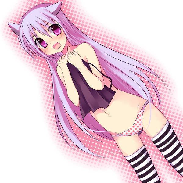 subaru (yachika), original, 1girl, animal ears, black theme, camisole, cat ears, covering privates, female focus, lowleg, lowleg panties, panties, polka dot, polka dot panties, purple eyes, purple hair, solo, striped clothes, striped thighhighs, surprised, thighhighs, underwear
