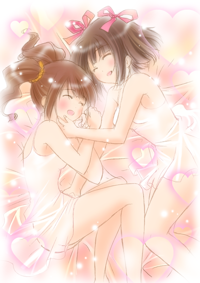 itsuki sayaka, amami haruka, takatsuki yayoi, idolmaster, idolmaster (classic), idolmaster 1, 00s, 2girls, brown hair, closed eyes, heart, multiple girls, open mouth, twintails