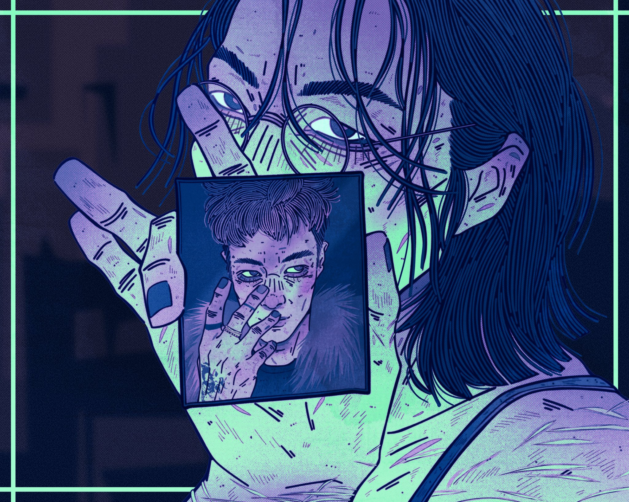 squid game, highres, 2boys, averting eyes, bags under eyes, black eyes, black hair, black nails, buzz cut, covered mouth, glasses, head tilt, holding, holding photo, implied self-harm, irlplasticlamb, jewelry, limited palette, looking at viewer, messy hair, multiple boys, multiple rings, nam-gyu, photo (object), ring, scar, scar on arm, scar on shoulder, self-harm scar, short hair, smirk, strap, thanos (squid game), upper body, very short hair, wrist cutting
