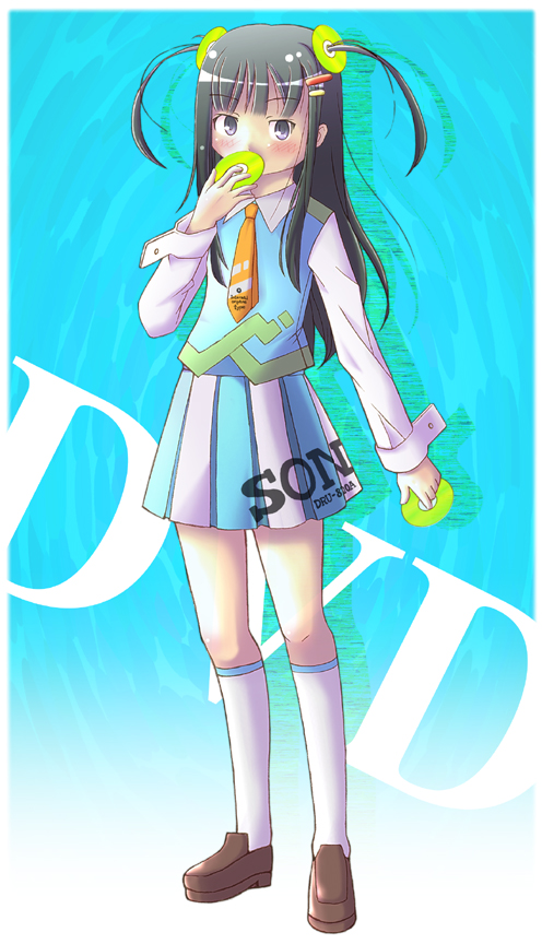 nyazui, futami eriko, kimi kiss, 1girl, blue background, blue dress, blunt bangs, brown eyes, brown hair, brown shoes, dress, female focus, full body, kneehighs, loafers, looking at viewer, necktie, shoes, simple background, socks, solo, standing, twintails, white socks, yellow necktie