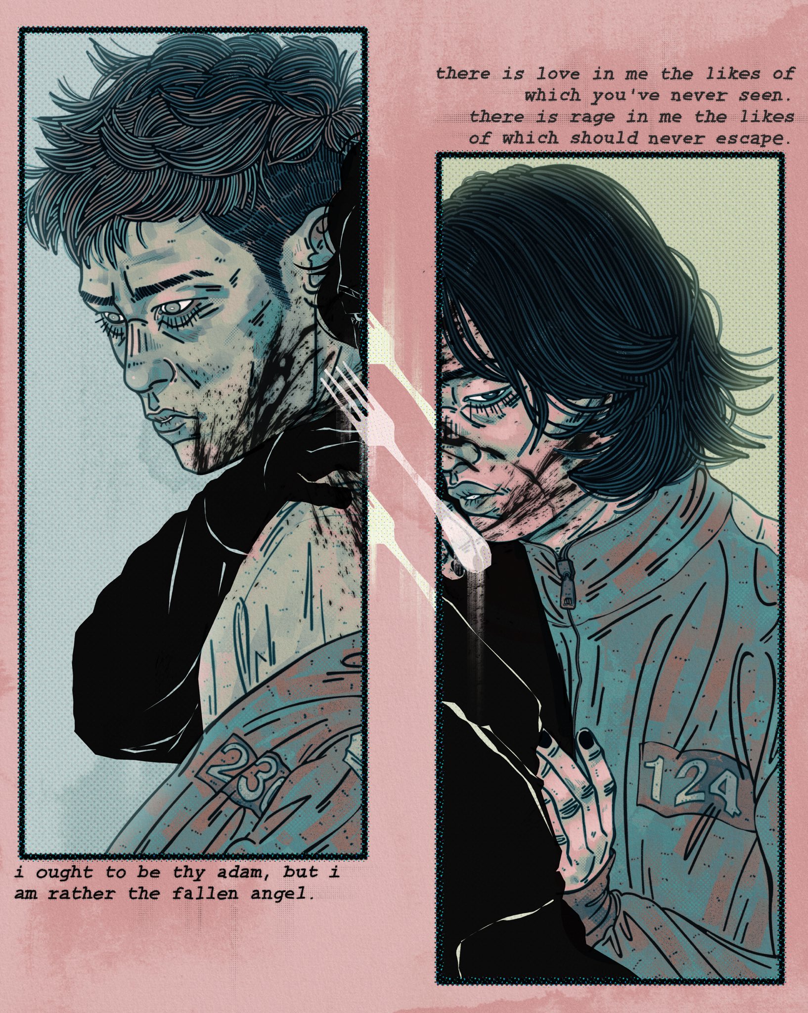 squid game, highres, 2boys, bags under eyes, black hair, black nails, blood, blood on face, blood splatter, buzz cut, english text, fork, hug, hug from behind, implied murder, irlplasticlamb, limited palette, looking at viewer, multiple boys, nam-gyu, short hair, sideburns, thanos (squid game), track suit, upper body, very short hair