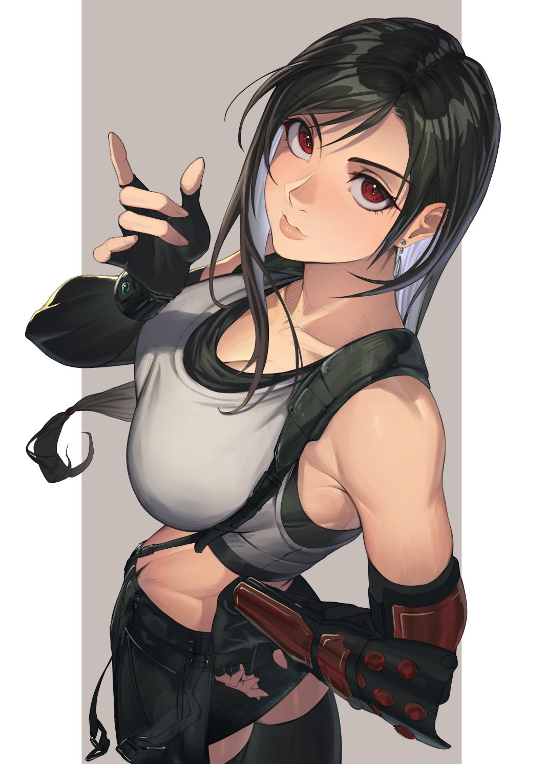 temoc, tifa lockhart, final fantasy, final fantasy vii, final fantasy vii rebirth, final fantasy vii remake, commentary, highres, 1girl, bare shoulders, black gloves, black hair, black skirt, black sports bra, black thighhighs, breasts, cleavage, closed mouth, collarbone, cowboy shot, crop top, earrings, elbow gloves, fingerless gloves, gloves, hand on own hip, jewelry, large breasts, long hair, looking at viewer, materia, miniskirt, pink lips, red eyes, single arm guard, single earring, skirt, solo, sports bra, suspender skirt, suspenders, tank top, thighhighs, white tank top