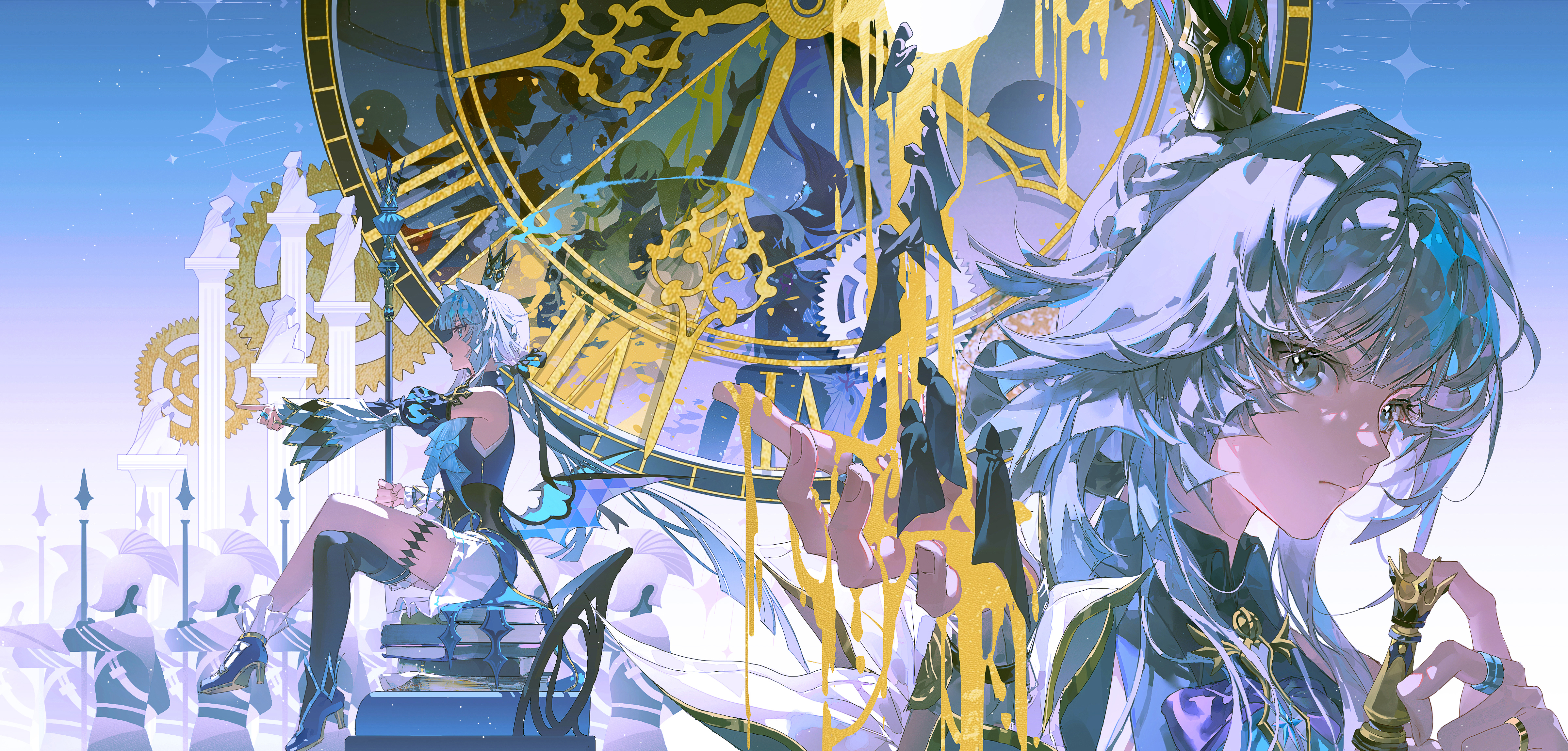 kizumi, cerydra (honkai: star rail), honkai: star rail, honkai (series), absurdres, highres, second-party source, 1girl, asymmetrical footwear, asymmetrical legwear, bare shoulders, black thighhighs, blue eyes, blue hair, blue shoes, bright pupils, closed mouth, crossed legs, crown, dress, full body, holding, long hair, long sleeves, mini crown, mismatched footwear, mismatched legwear, multiple views, open mouth, pointing, shoes, sitting, socks, thighhighs, white pupils, white socks