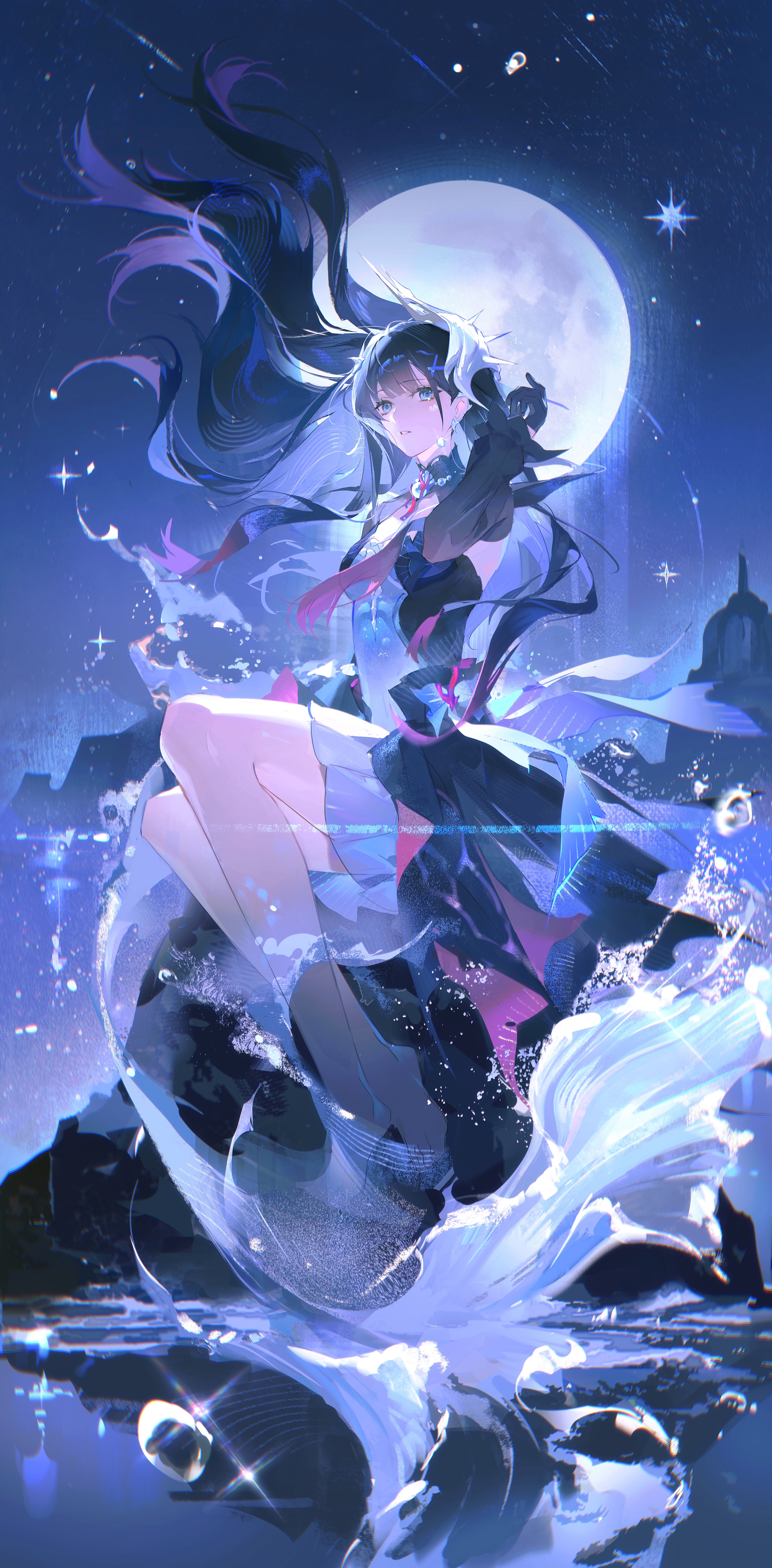 koujuan, hysilens (honkai: star rail), honkai: star rail, honkai (series), absurdres, highres, second-party source, 1girl, air bubble, barefoot, black dress, black gloves, black hair, bubble, dress, floating hair, full moon, gloves, hair ornament, long hair, long sleeves, moon, night, night sky, outdoors, parted lips, sky, solo, very long hair, water