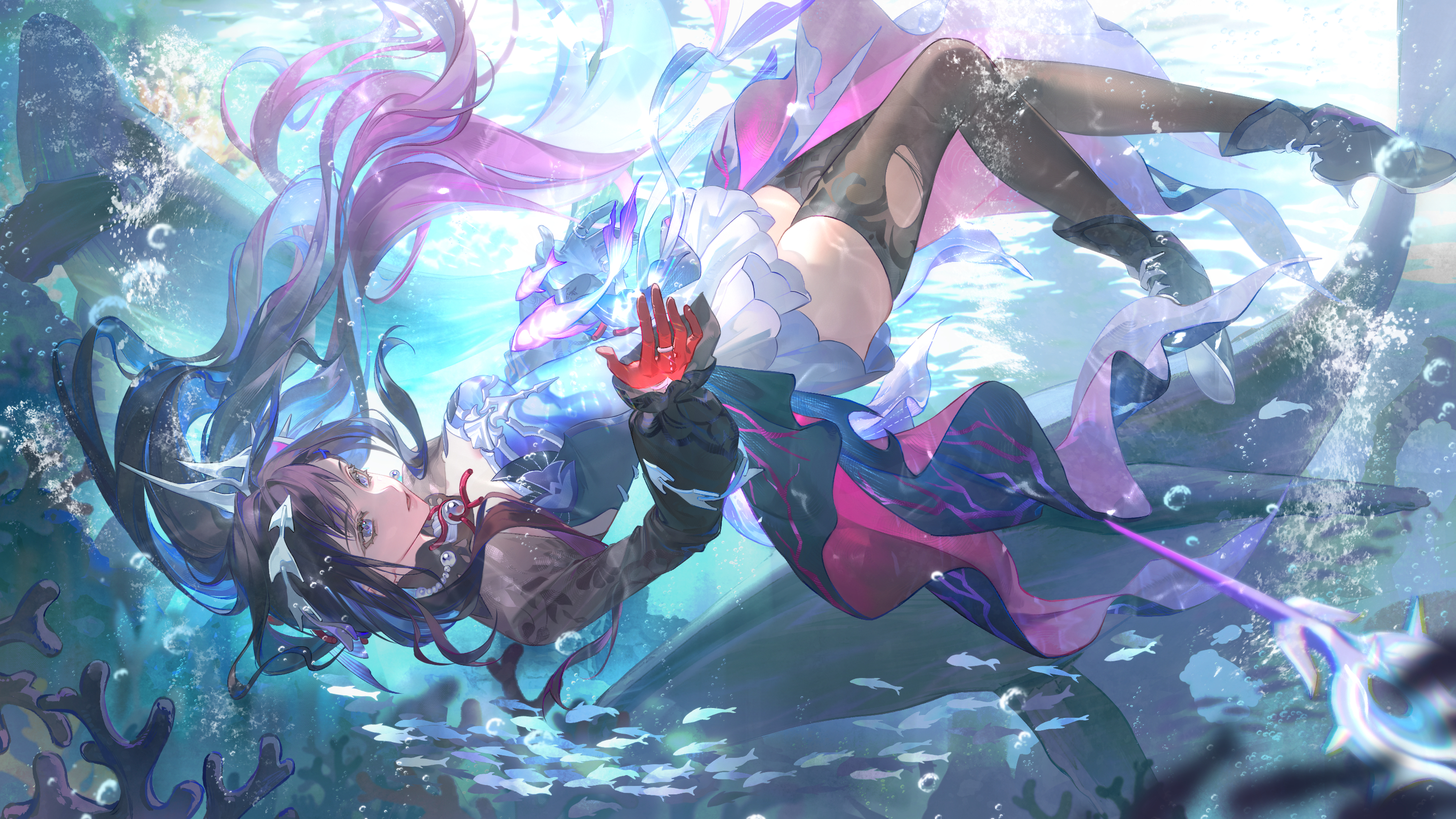zhixinjitiao, hysilens (honkai: star rail), honkai: star rail, honkai (series), highres, second-party source, 1girl, asymmetrical gloves, black boots, black dress, black gloves, black hair, black thighhighs, blue eyes, boots, breasts, coral, dress, floating hair, full body, gloves, high heel boots, high heels, jewelry, long hair, looking at viewer, mismatched gloves, multicolored hair, parted lips, purple hair, red gloves, ring, solo, thighhighs, torn clothes, torn thighhighs, two-tone hair, underwater, very long hair