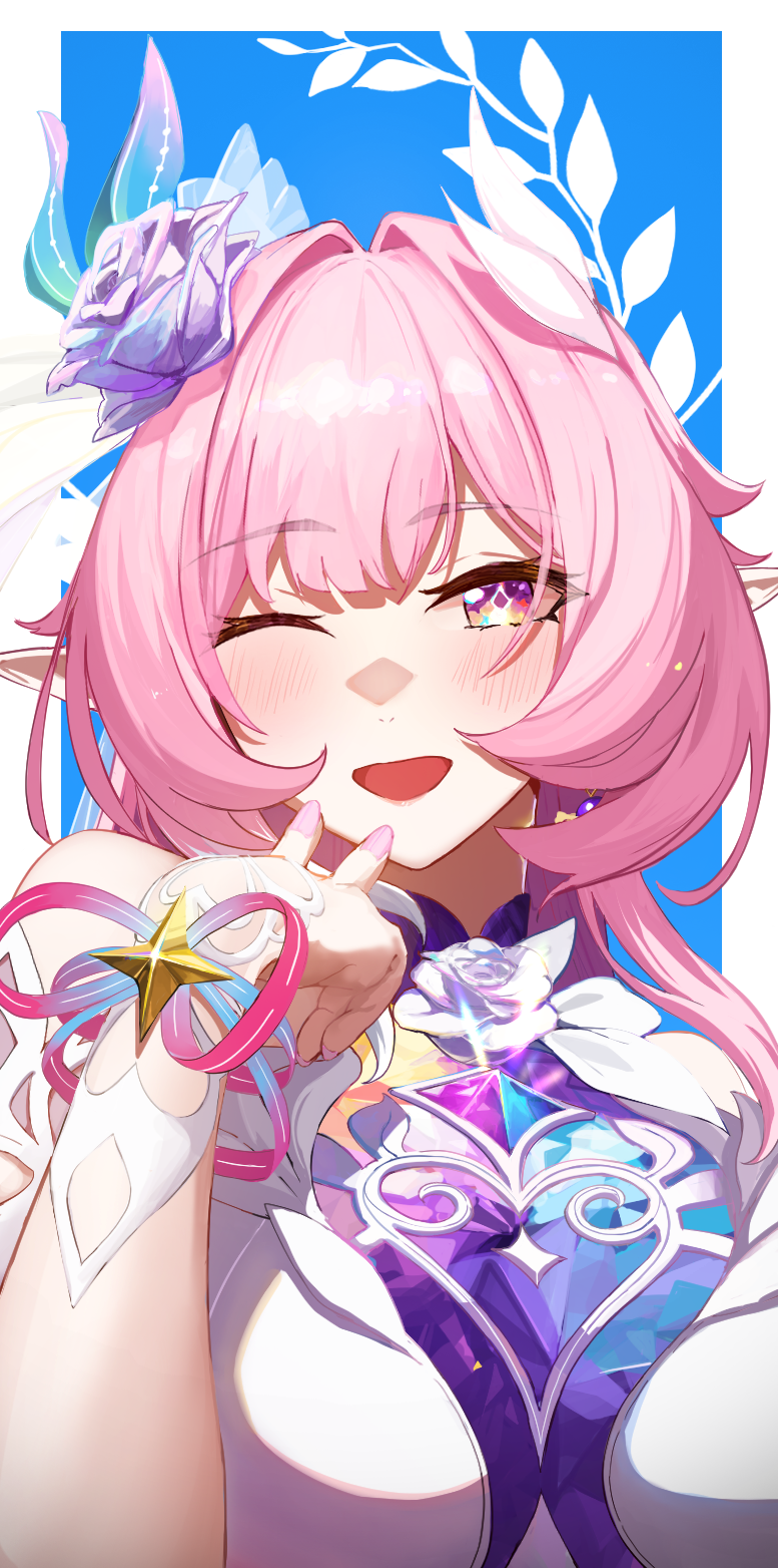 ailushin, cyrene (honkai: star rail), cyrene (ripples of past reverie) (honkai: star rail), honkai: star rail, honkai (series), commentary, english commentary, highres, 1girl, blue border, blush, border, breasts, diamond-shaped pupils, diamond (shape), earrings, fingernails, flower, hair flower, hair intakes, hair ornament, jewelry, large breasts, long hair, looking at viewer, nail polish, one eye closed, open mouth, pink hair, pink nails, pointy ears, purple flower, sidelocks, smile, solo, symbol-shaped pupils, upper body, white border