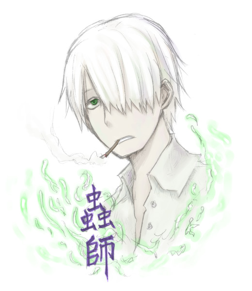 kurakumo nue, ginko (mushishi), mushishi, tagme, cigarette, hair over one eye, male focus, smoking, solo