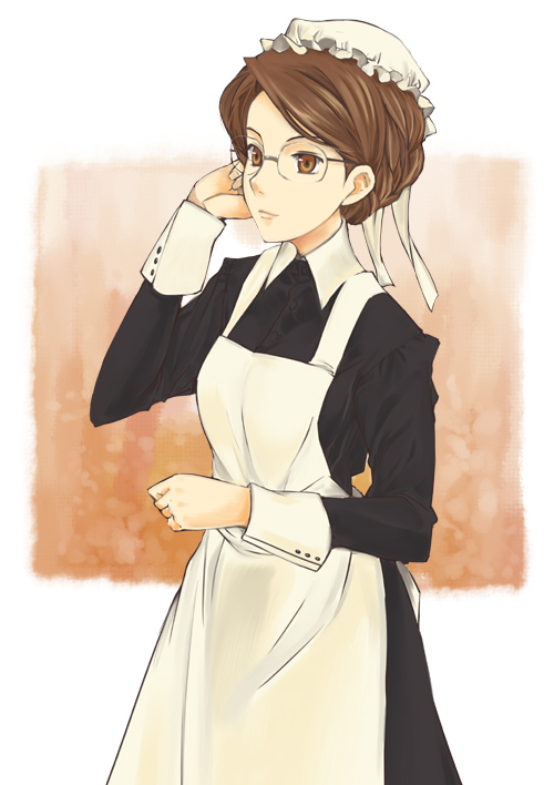 mizuki makoto, emma, emma (victorian romance emma), victorian romance emma, 00s, 1girl, apron, black dress, bun cover, cowboy shot, dress, expressionless, female focus, glasses, hat, long sleeves, looking at viewer, maid, maid apron, mob cap, rimless eyewear, short hair, simple background, solo, victorian maid, white background