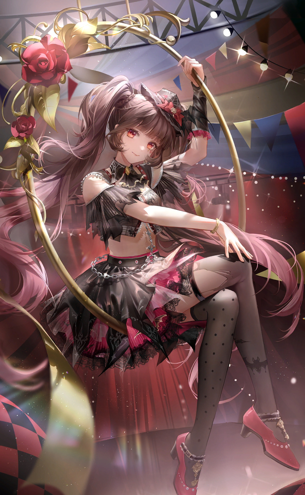 dodora, nikki (series), shining nikki, artist request, game cg, highres, official art, 1girl, arm warmers, bare shoulders, black arm warmers, black hat, black shirt, black skirt, black sleeves, black thighhighs, blunt bangs, bow, bracelet, brown hair, circus, circus tent, closed mouth, collared shirt, cropped shirt, crossed legs, curtains, detached sleeves, frilled arm warmers, full body, garland (decoration), gradient hair, hand on own knee, happy, hat, hat bow, high heels, indoors, jewelry, lace, lace-trimmed skirt, lace-trimmed thighhighs, lace trim, light particles, light rays, long hair, looking at viewer, midriff, mini hat, miniskirt, multicolored hair, navel, pink hair, pleated skirt, pleated sleeves, polka dot, polka dot thighhighs, pumps, red bow, red eyes, red shoes, see-through clothes, see-through thighhighs, shirt, shoes, short sleeves, single arm warmer, sitting, skirt, sleeveless, sleeveless shirt, smile, solo, stage, thighhighs, torn clothes, torn thighhighs, twintails, two-tone hair, very long hair, wavy hair, wide sleeves, wings of chloe (shining nikki)