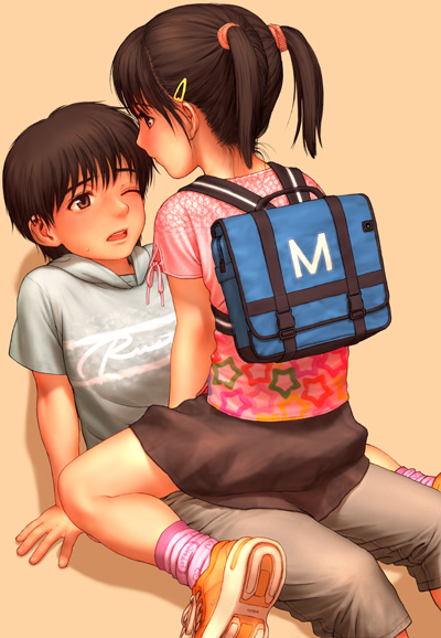 rustle, original, 1boy, 1girl, assertive female, backpack, bag, brown hair, hair ornament, hairclip, hetero, kodomo doushi, loli, one eye closed, open mouth, randoseru, short twintails, shota, sitting, skirt, straddling, twintails, wink