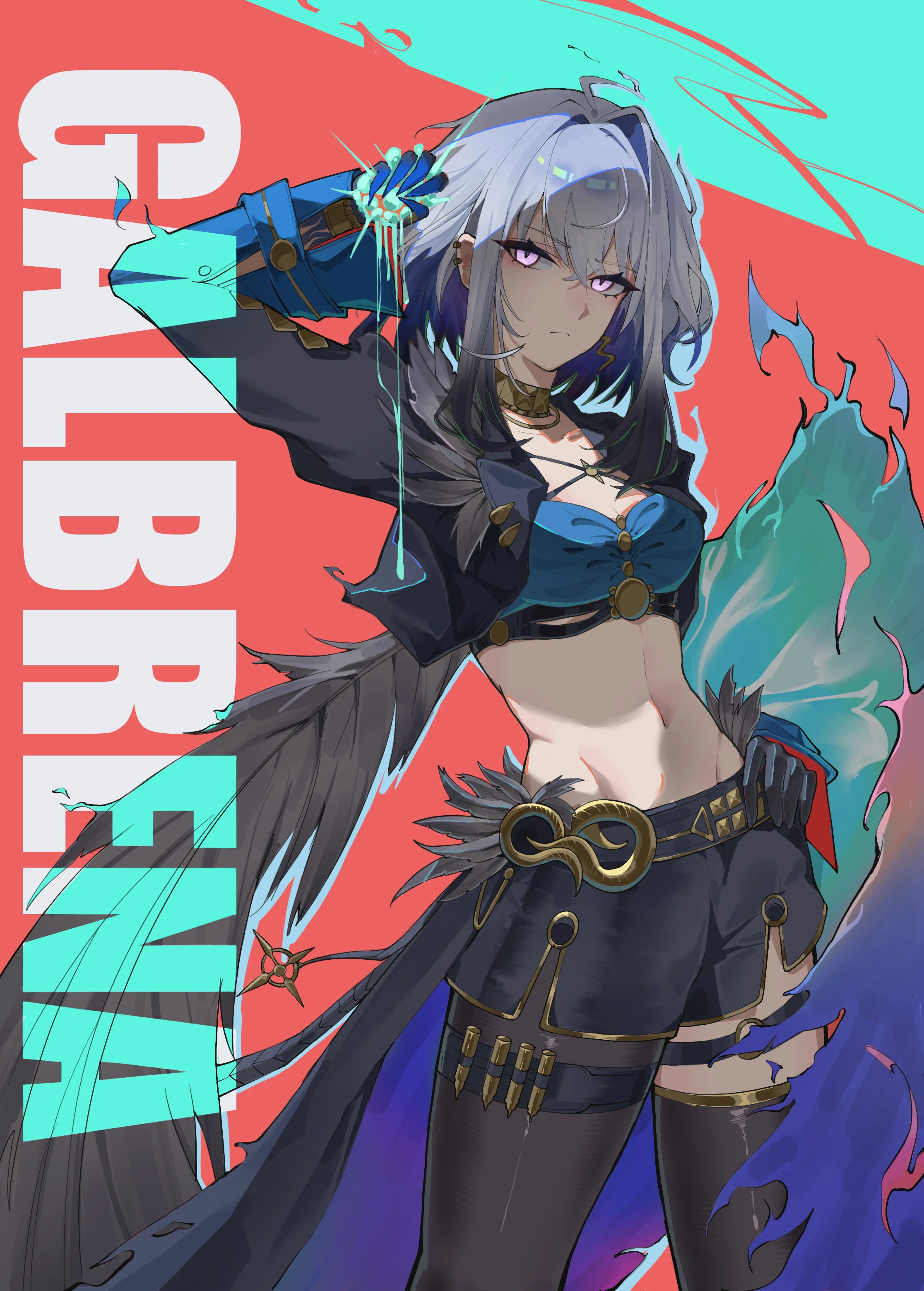 wuye z, galbrena (wuthering waves), wuthering waves, absurdres, highres, 1girl, arm up, black gloves, black jacket, black pantyhose, black shorts, black thighhighs, black wings, blue bra, blue hair, bra, breasts, character name, cleavage, closed mouth, collarbone, colored inner hair, cropped jacket, earrings, feathered wings, fingernails, gloves, gold choker, grey hair, groin, hair intakes, holding, jacket, jewelry, long fingernails, medium breasts, missing commentary, multicolored hair, navel, pantyhose, purple eyes, sharp fingernails, shorts, single glove, single leg pantyhose, single thighhigh, single wing, solo, stomach, thighhighs, underwear, wings